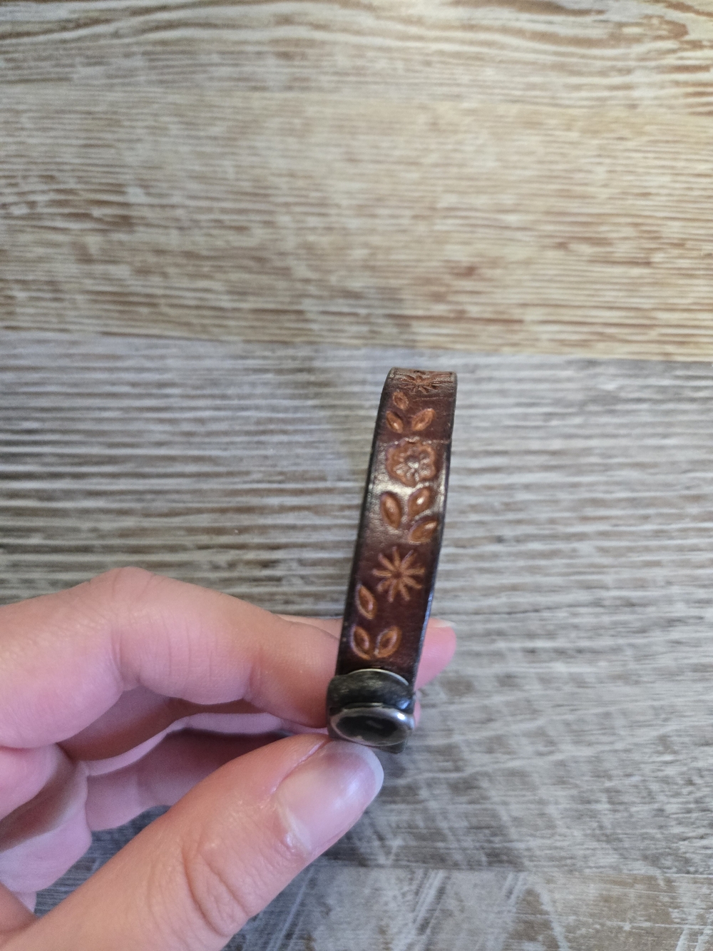 Hand-Tooled Brown Leather Floral Bracelet